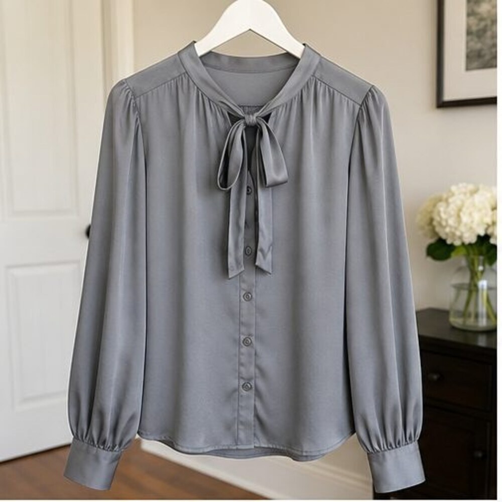 Gray Tie Neck Blouse